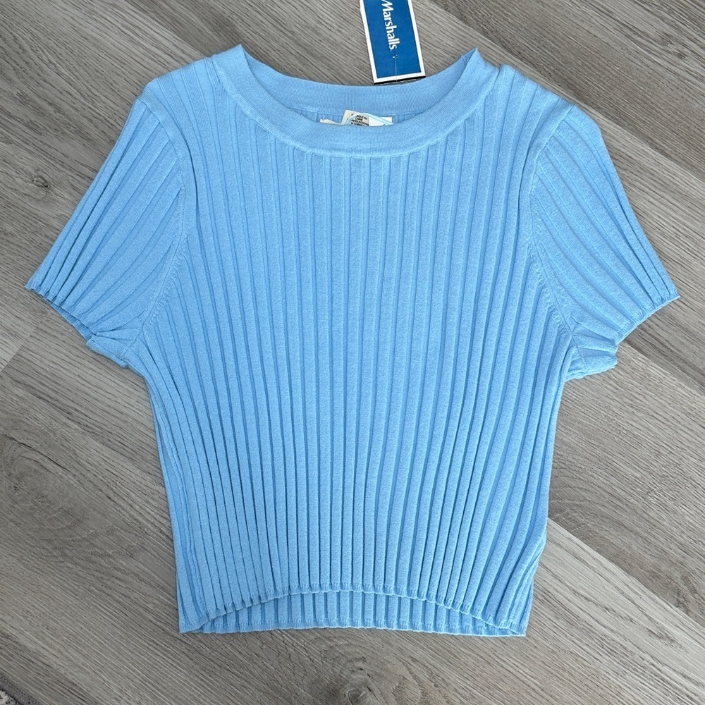 Blue Ribbed Short Sleeve Top